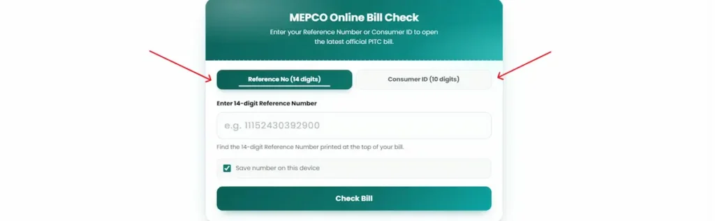 Choose Reference No or Consumer ID on our MEPCO Bill Checker