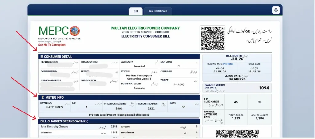 MEPCO Bill Shows Consumer Detail, Meter Info, and Bill Charges Breakdown