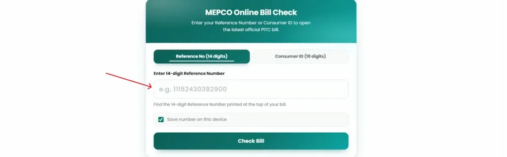 Type the number in MEPCO BILL Checker
